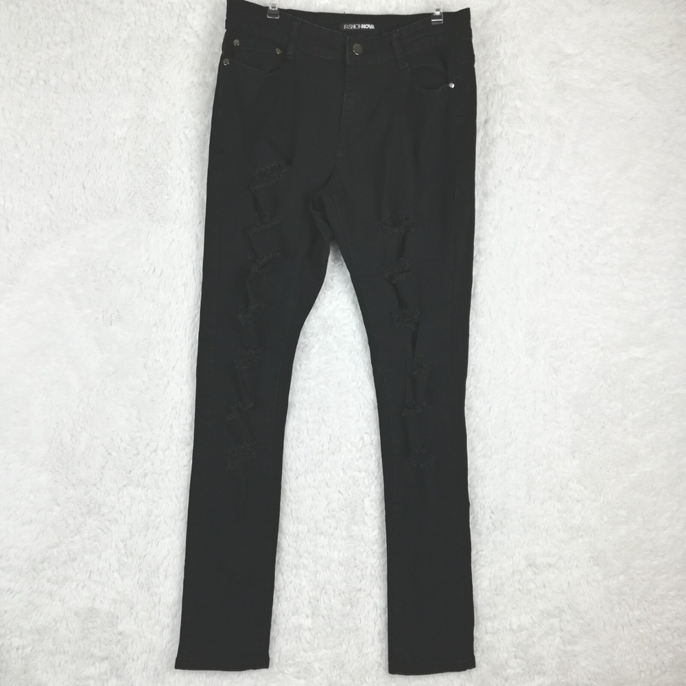 Fashion Nova Jeans Womens Skinny Denim Black Ripped Mid Rise Stretch 14